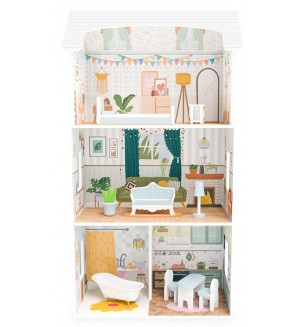 Дървена къща за кукли Moni Toys - С мебели, 9 части