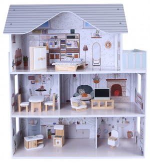 Дървена къща за кукли Moni Toys - Sarah, 15 части