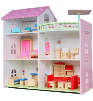 Дървена къща за кукли Smart Baby - С обзавеждане