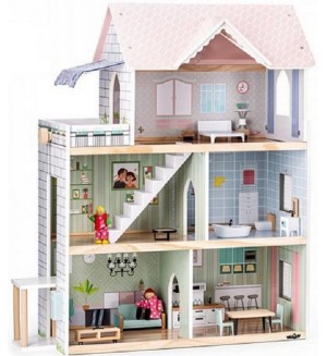 Дървена къща за кукли Woody - Моли, с обзавеждане и кукли