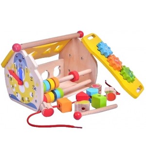  Дървена къщичка Acool Toy - С ксилофон, сортер, зъбни колела, часовник, сметало 