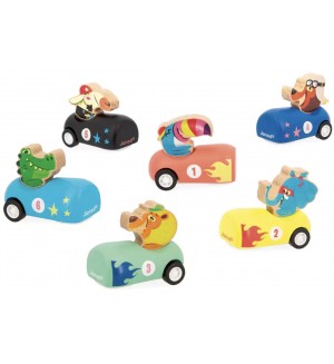 Дървена количка Janod - С pull-back механизъм, асортимент Дървена количка Janod - С pull-back механизъм, асортимент