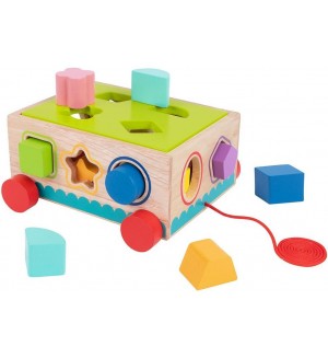 Дървена количка Tooky Toy - Сортер за дърпане