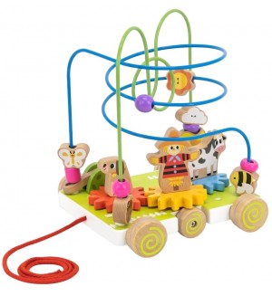 Дървена количка за дърпане Viga Toys - Със зъбни колела и активности 