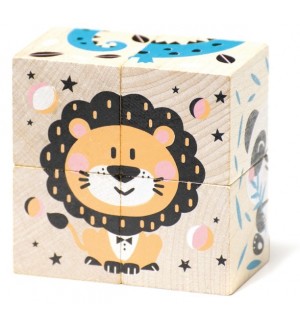 Дървени кубчета Cubika - Животни, 4 кубчета, 6 пъзела