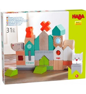 Дървени кубчета Haba - Куче и котка, 31 части