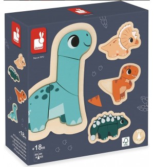 Дървени пъзели Janod - Динозаври, 4 броя Дървени пъзели Janod - Динозаври, 4 броя