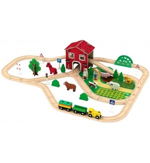 Дървено влакче с релси и ферма Acool Toy - 77 елемента