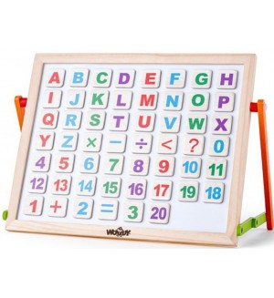 Детска магнитна дъска Woody - С буквички, цифри и две лица