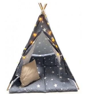 Детска палатка Ginger Home - Little Stars, типи, с LED лампички, сива