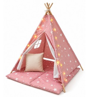 Детска палатка Ginger Home - Little Stars, типи, с LED лампички, розова