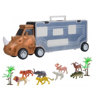 Детски автовоз Raya Toys - Носорог с животни, 11 части