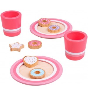 Детски дървен комплект Bigjigs - Мляко и бисквити, розови