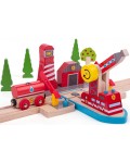 Детски дървен комплект Bigjigs - Морско влаково спасяване при пожар