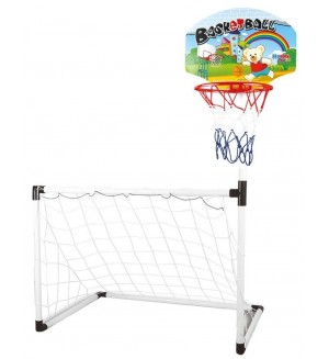 Детски комплект 2 в 1 Raya Toys - Баскетболен кош и футболна врата с топки Детски комплект 2 в 1 Raya Toys - Баскетболен кош и футболна врата с топки