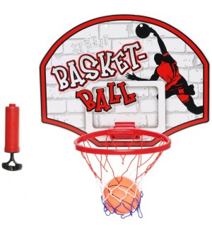 Детски комплект GT - Баскетболно табло за стена с топка и помпа, червено