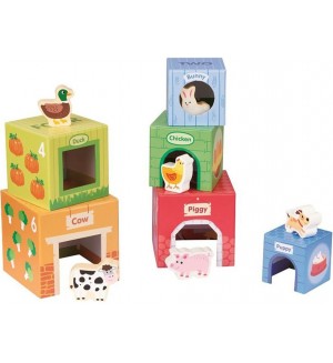Детски комплект Lelin Toys - Картонени кубчета с дървени животни