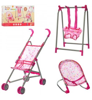 Детски комплект за кукли Raya Toys - Количка, шезлонг и люлка Детски комплект за кукли Raya Toys - Количка, шезлонг и люлка