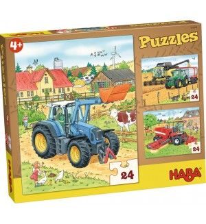 Детски пъзел 3 в 1 Haba - Трактори