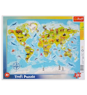 Детски пъзел Trefl от 25 части - Карта на света с животни