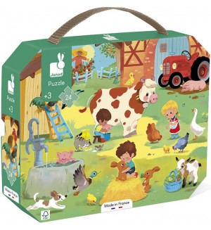 Детски пъзел в куфар Janod - Ден във фермата, 24 части