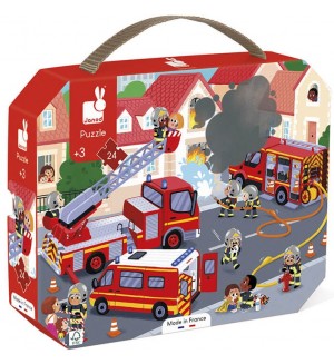 Детски пъзел в куфар Janod - Пожарникари, 24 части