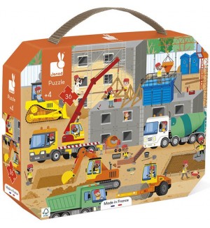 Детски пъзел в куфар Janod - Строителна площадка, 36 части