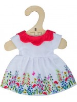 Дреха за кукла Bigjigs - Бяла рокля с цветя и червена яка, 25 cm