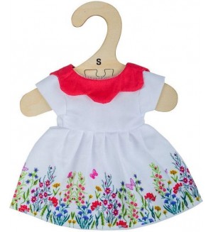 Дреха за кукла Bigjigs - Бяла рокля с цветя и червена яка, 25 cm Дреха за кукла Bigjigs - Бяла рокля с цветя и червена яка, 25 cm
