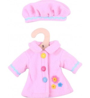 Дреха за кукла Bigjigs - Розово палто с шапка, 25 cm Дреха за кукла Bigjigs - Розово палто с шапка, 25 cm