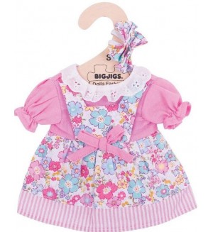 Дреха за кукла Bigjigs - Цветна рокля с аксесоари за коса, 25 cm Дреха за кукла Bigjigs - Цветна рокля с аксесоари за коса, 25 cm