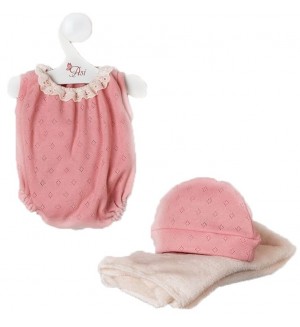 Дрехи за кукла Asi Dolls - Мария, коралово боди, шапка и одеялце, 43 cm