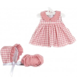 Дрехи за кукла Asi Dolls - Мария, рокля на квадрати, шапка и гащички, 43 cm