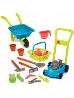 Градинарски комплект 3 в 1 Ecoiffier - Косачка, количка и кошница с инструменти, 16 части