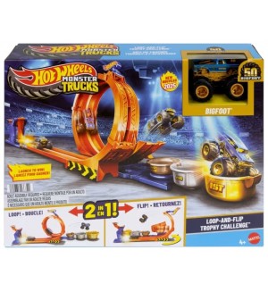 Игрален комплект 2 в 1 Hot Wheels Monster Trucks - Loop & Flip Trophy Challenge, 1:64