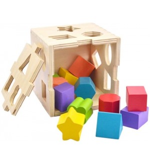 Игрален комплект Acool Toy - Дървен куб сортер с геометрични фигури