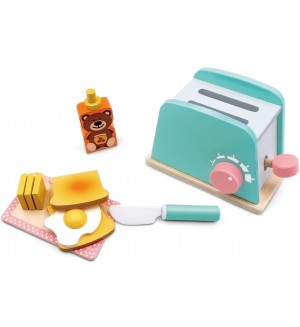 Игрален комплект Acool Toy - Дървен тостер и продукти за закуска, 8 части