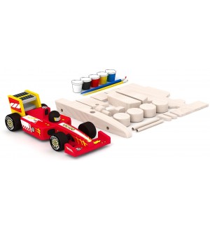 Игрален комплект Acool Toy - Направи си сам дървен състезателен автомобил, 18 части
