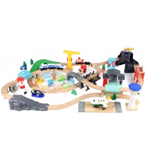 Игрален комплект Acool Toy - Влакче, летище и пристанище, 100 части