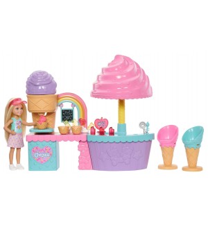 Игрален комплект Barbie Club Chelsea - Работилница за сладолед, с кукла и 10 аксесоара