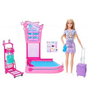 Игрален комплект Barbie Family & Friends - Barbie Malibu и зона за получаване на багаж