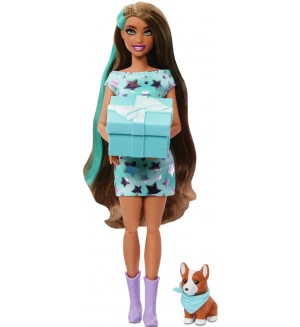 Игрален комплект Barbie Party Unboxed - Барби, с кафява коса и 10 изненади