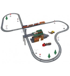 Игрален комплект BSQ Power Train World - Товарен влак с дъскорезница, 450 cm, 60 части Игрален комплект BSQ Power Train World - Товарен влак с дъскорезница, 450 cm, 60 части