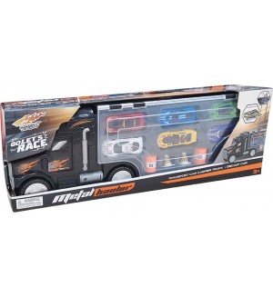 Игрален комплект Felyx Toys - Автовоз с 6 колички, Metal Hauler с пътни знаци