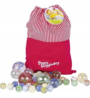 Игрален комплект Goki - Торбичка със стъклени топчета Peggy Diggledey, 50 броя