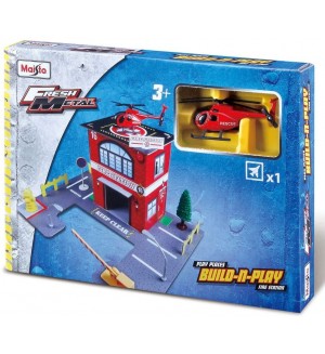 Метална играчка Maisto - Пожарна станция, с хеликоптер