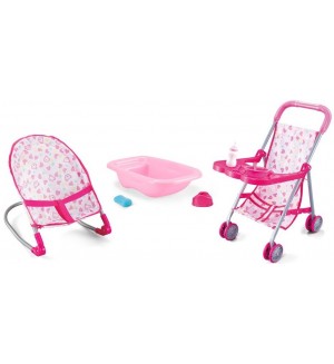 Игрален комплект Raya Toys - Количка, вана, чанта и шезлонг за кукла
