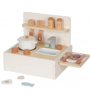 Игрален комплект Tooky Toy - Дървена настолна детска кухня с аксесоари, 19 части