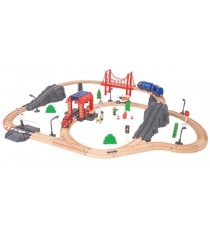 Игрален комплект Tooky Toy - Дървено влакче с релси и спасителни коли