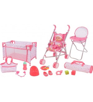 Игрален комплект Tutu Love - Кукла с количка, кошара и стол, розов, 36 cm 